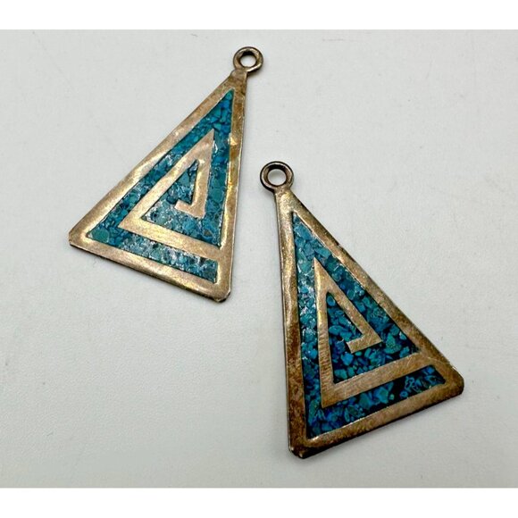 Vintage Taxco Mexico Pendants 925 Sterling Silver Turquoise Inlay Triangle - Picture 2 of 8